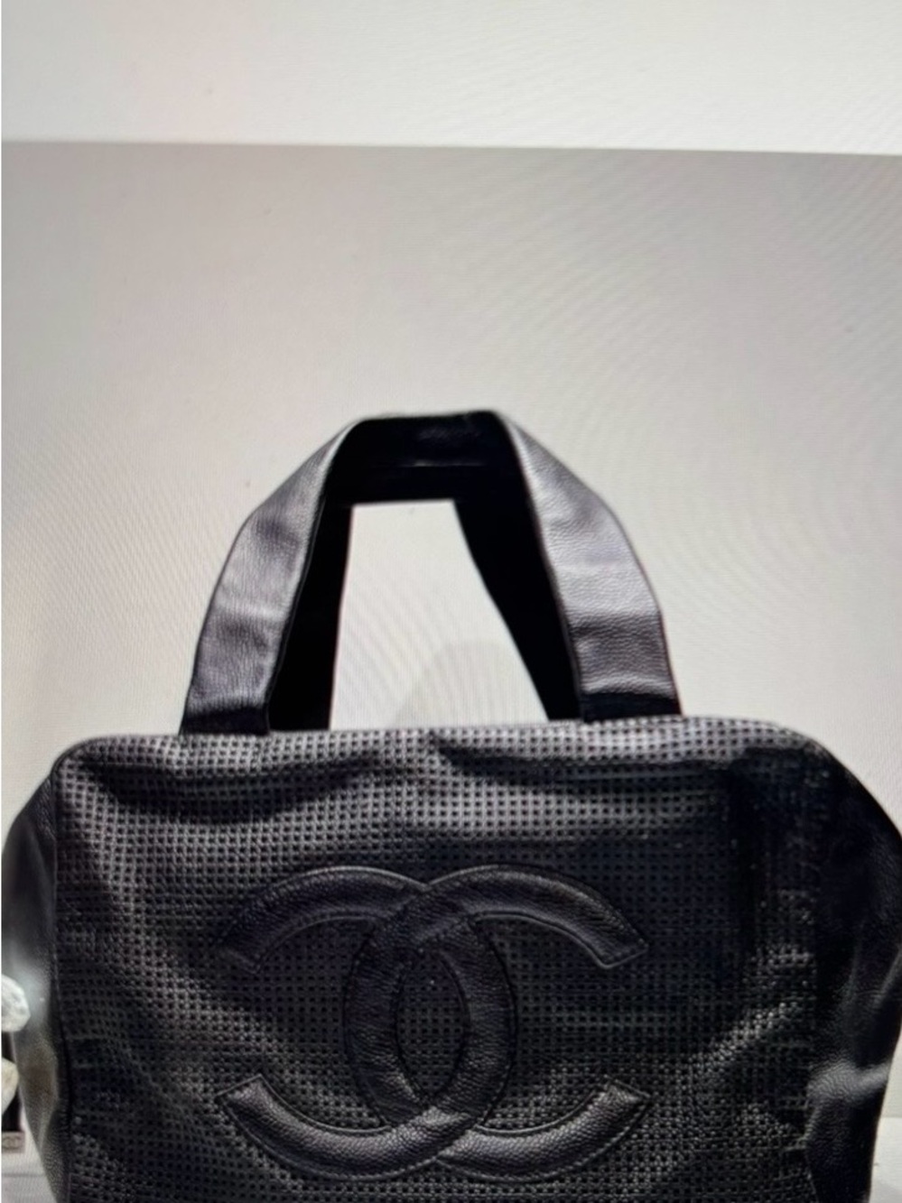 AUTHENTIC CHANEL Black Perforated Leather Tote with Stitched CC Front